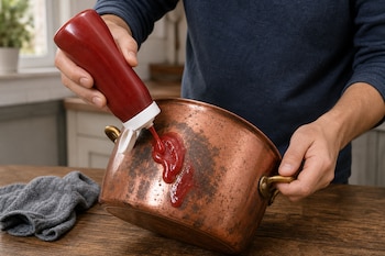 Manos de una persona vierten cátsup desde un envase rojo sobre una olla de cobre colocada sobre una mesa de madera junto a un paño gris.