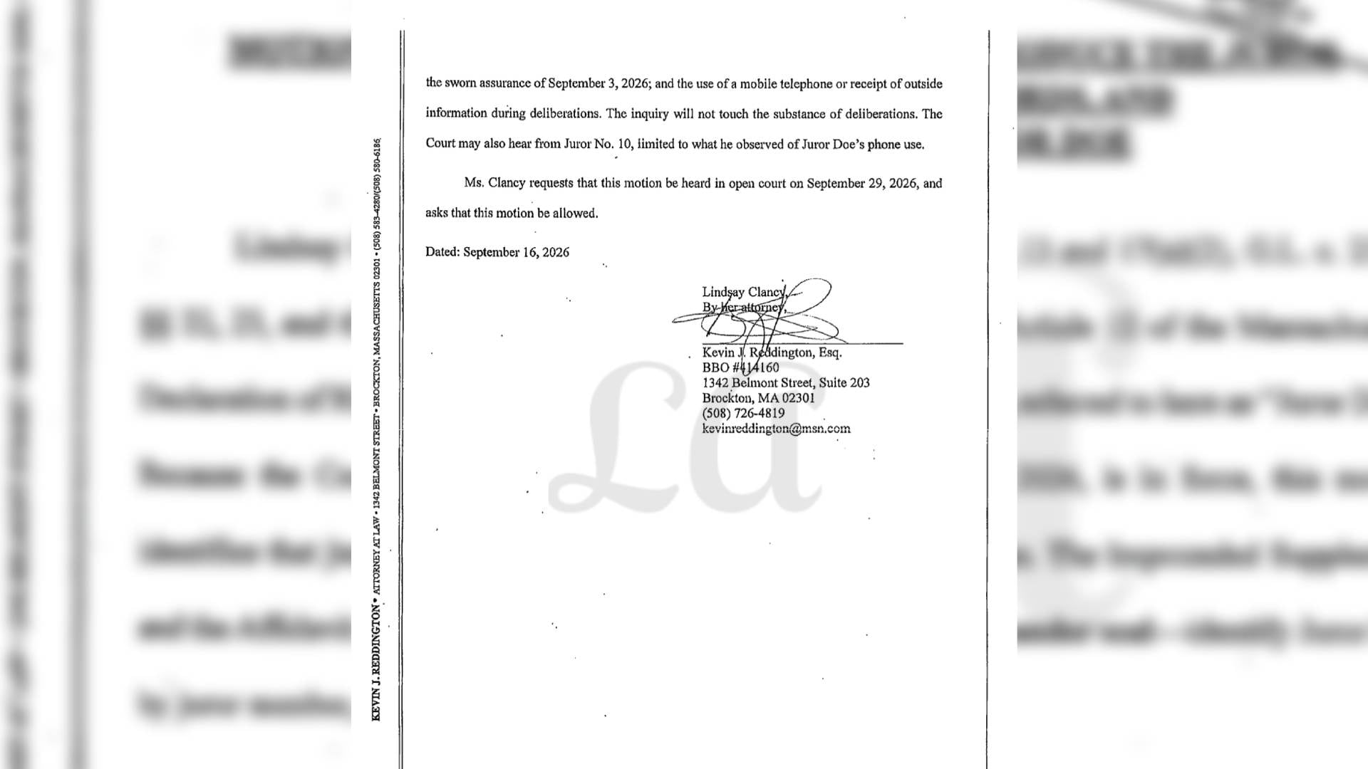 Un escrito judicial presentado por el abogado Kevin J. Reddington solicita una audiencia pública sobre el uso de teléfonos móviles durante las deliberaciones del jurado. ( Expediente judicial del Tribunal Superior de Plymouth, Massachusetts)