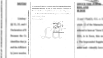 Documento judicial con texto impreso en inglés, una firma de abogado al final y un sello translúcido en el fondo
