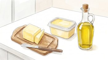 Ilustración en acuarela de una cocina con una tabla de madera que sostiene un bloque de manteca y un cuchillo, una tarrina de margarina y una botella de aceite.