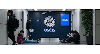 Fotografía de pasillo de USCIS con jóvenes sentados y de pie con mochilas y papeles, el logo de la agencia en la puerta y una pantalla azul con el texto 'WAITING'.