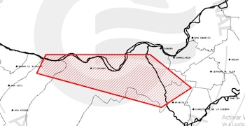 Mapa esquemático en blanco y negro con nombres de localidades y un polígono rojo achurado que delimita una zona geográfica