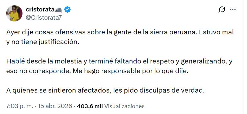 Cristorata enfrenta nueva polémica por frases racistas y discriminatorias: pidió disculpas y quedó bajo investigación