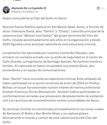 El presidente Abelardo de la Espriella y el ministro de Defensa reiteraron la prioridad estatal de llevar ante la justicia a los responsables de crímenes contra la seguridad nacional - crédito @ABDELAESPRIELLA / X