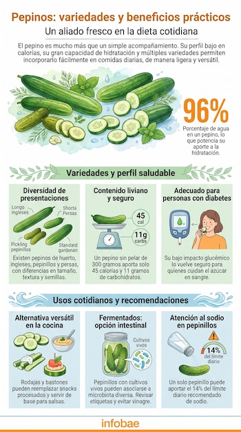 Infografía con ilustraciones de pepinos enteros, en rodajas, y plantas. Incluye texto sobre variedades, nutrición, usos, pepinillos fermentados y sodio.