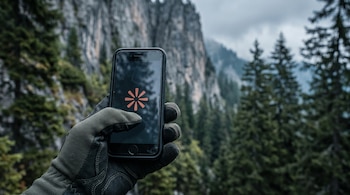 Mano con guante técnico sostiene un teléfono inteligente con un símbolo terracota en pantalla, frente a un bosque de abetos y rocas.