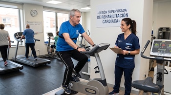 Un paciente pedalea en una bicicleta estática junto a una fisioterapeuta con libreta, en un gimnasio clínico con cintas de correr.