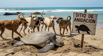 Tortuga marina en la arena de una playa, rodeada por seis perros, con un cartel de madera que dice "SITIO DE ANIDACIÓN" y la silueta de una tortuga.