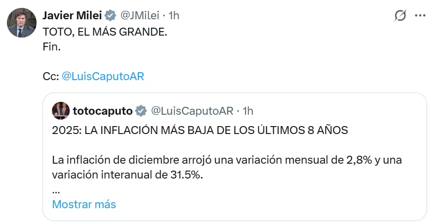El presidente Javier Milei celebra la inflación de 2025