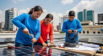 Tres trabajadores instalan paneles solares en una azotea, utilizando herramientas y cables. En el fondo se ven edificios urbanos bajo un cielo azul.