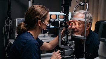 Una especialista con mascarilla utiliza una lámpara de hendidura para examinar los ojos de un hombre en un consultorio.