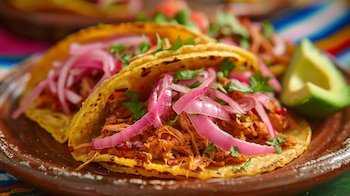 cochinita estilo pibil, recado rojo, naranja agria, maíz nixtamalizado, fritura ligera, platillo festivo, comida ancestral, cocina del sureste mexicano, preparación casera, aroma ahumado, textura crujiente, especialidad regional, gastronomía indígena, receta típica, sabor intenso - (Imagen Ilustrativa Infobae)
