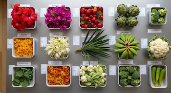 Cuadrícula con flores variadas, algunas comestibles, en recipientes vistos desde arriba