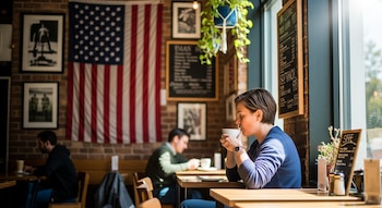 Mujer de perfil con suéter azul oscuro bebe de una taza blanca en una cafetería. Detrás, una bandera de Estados Unidos cuelga en una pared de ladrillo.