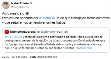 Isabel Zuleta destacó la unidad del Pacto Histórico ante la denuncia presupuestal - crédito @ISAZULETA/X