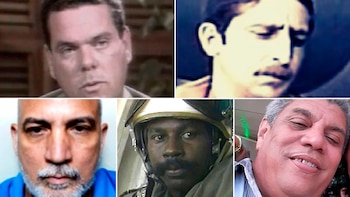Collage de cinco retratos de hombres: uno caucásico, uno de tez oscura, uno con barba canosa, otro con bigote y otro sonriente