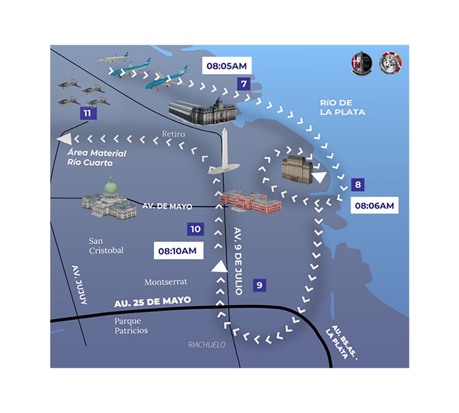 El recorrido de los aviones caza en la Ciudad de Buenos Aires