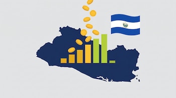 Silueta de El Salvador en azul marino con un gráfico de barras amarillo y verde. Monedas doradas caen sobre el gráfico. Bandera de El Salvador ondeando.