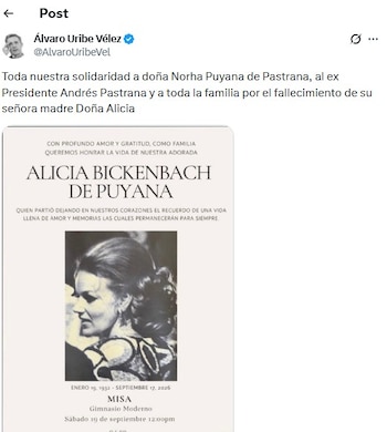 Alicia era la madre de Norha Puyana de Pastrana y suegra del expresidente Andrés Pastrana