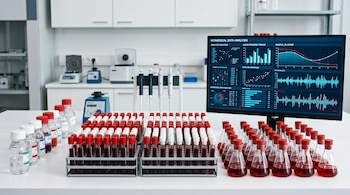 Mesa de laboratorio blanca con tubos de ensayo y matraces con líquido rojo, frascos con líquidos transparentes, y un monitor que muestra gráficos de datos biomédicos