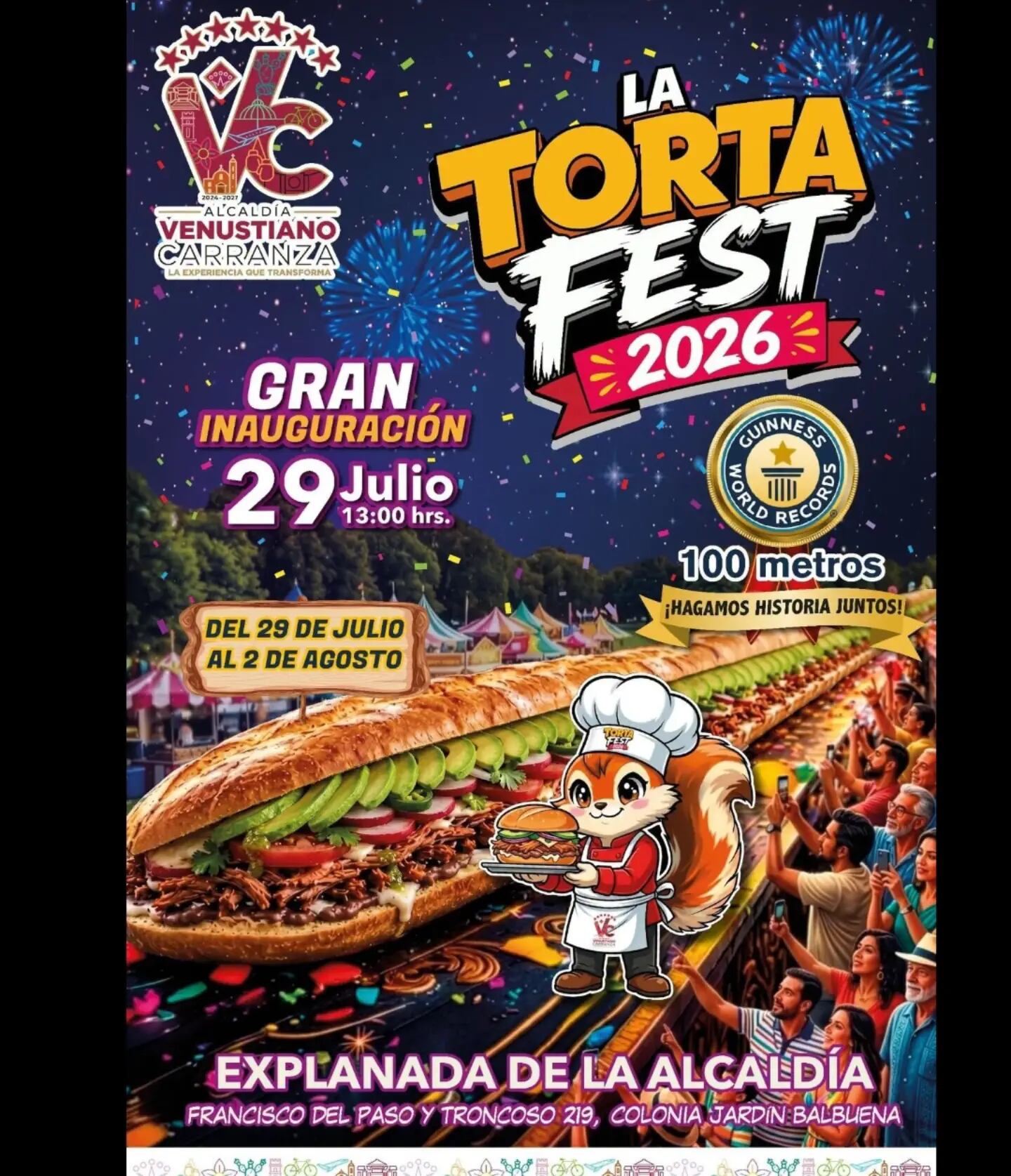 Un cartel promociona La Torta Fest 2026 en la Alcaldía Venustiano Carranza, Ciudad de México, donde se busca establecer un récord Guinness con una torta de 100 metros de longitud. (Alcaldía Venustiano Carranza/Facebook)
