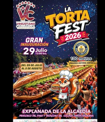 Cartel promocional de La Torta Fest 2026 con el logo de Guinness World Records, una torta gigante, un chef ardilla animado y personas fotografiando el evento