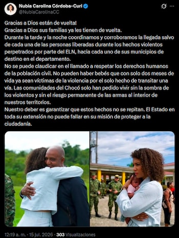 Nubia Carolina Córdoba reiteró que la población civil no debe seguir siendo afectada por el conflicto armado y pidió respetar los derechos humanos. - crédito @NubiaCarolinaCC/X