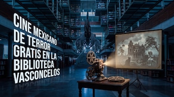 Un proyector sobre una mesa transmite una imagen hacia una pantalla dentro de una gran biblioteca con un esqueleto suspendido en el techo.