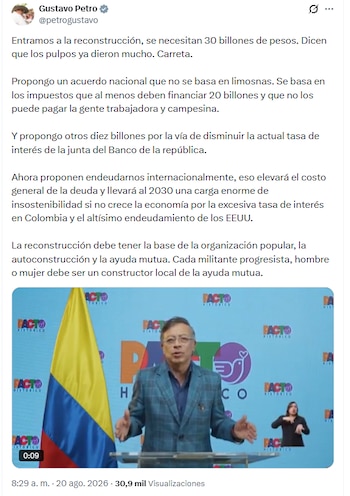 El expresidente de la República pidió una reducción del costo del crédito para completar la meta de recursos - crédito @petrogustavo/X