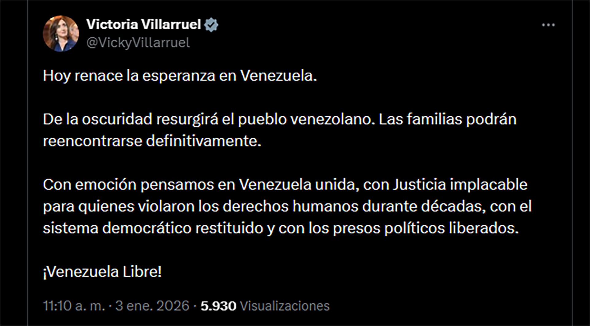 El mensaje de apoyo de Villarruel.