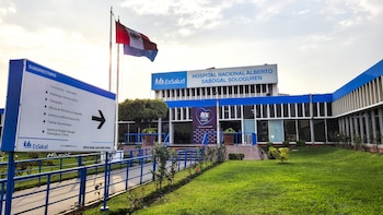 Vista exterior del Hospital Nacional Alberto Sabogal Sologuren con fachada azul y blanca, amplias ventanas, césped, un letrero direccional y la bandera peruana