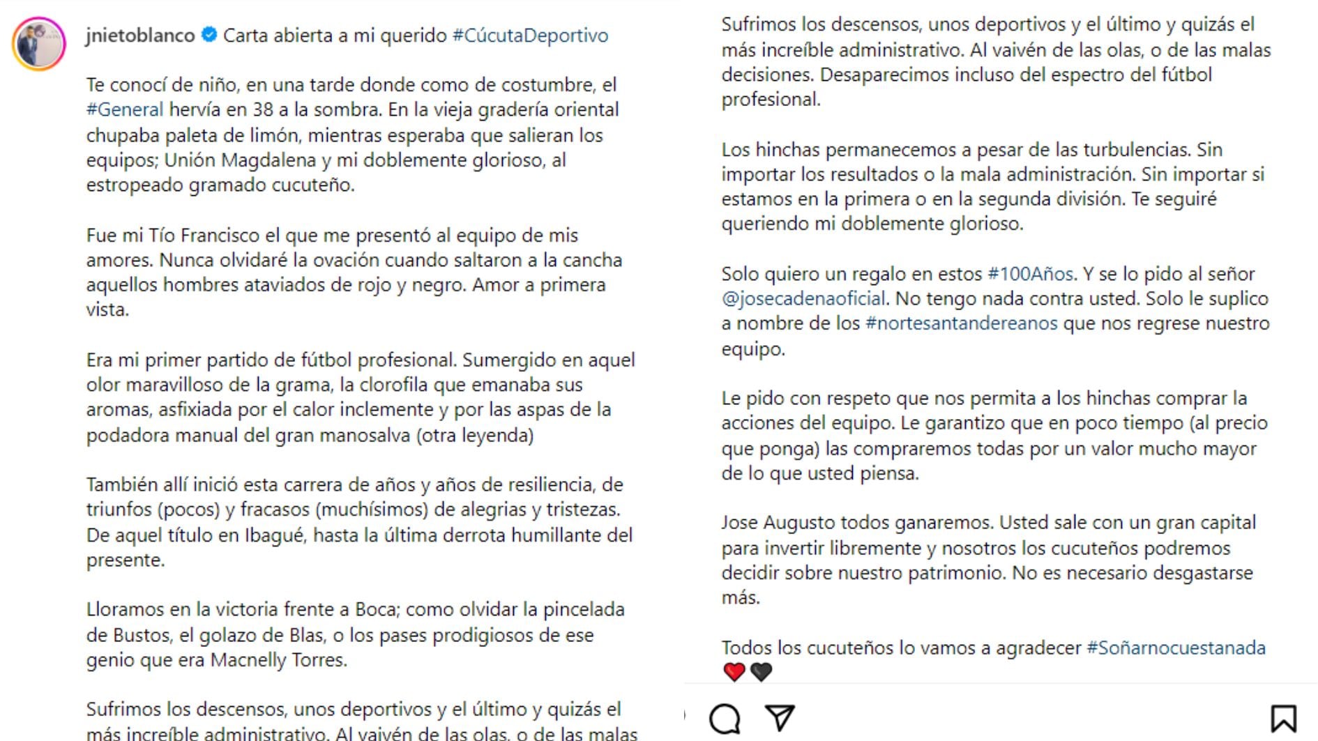 Esta fue la carta que compartió Johnatan Nieto Blanco, presentador de Citynoticias de las 8, en su cuenta de Instagram - crédito @jnietoblanco/Instagram