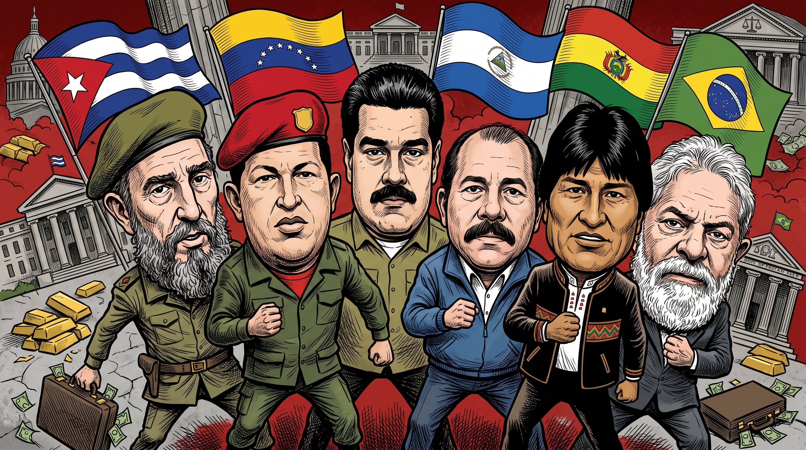 Líderes latinoamericanos de izquierda junto a las banderas de sus países, lingotes de oro y edificios de gobierno. (Imagen Ilustrativa Infobae)