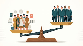 Balanza de platillos. Izquierdo, más bajo: seis mujeres, escoba, balde, platos, cuadernos. Derecho, más alto: cinco hombres con trajes y portafolios.