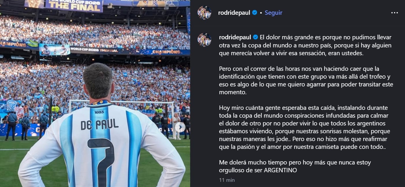 El fuerte mensaje de Rodrigo De Paul en su Instagram (@rodridepaul)