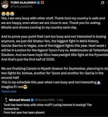 El promotor Turki Alalshikh confirma que la pelea se mantiene en Arabia Saudita pese al conflicto internacional.