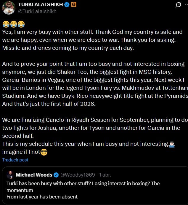 El promotor Turki Alalshikh confirma que la pelea se mantiene en Arabia Saudita pese al conflicto internacional.