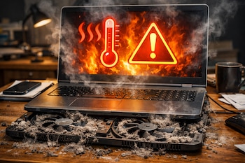Laptop sobre un escritorio, ventiladores internos sucios con polvo. La pantalla muestra iconos de fuego, termómetro y advertencia de alta temperatura, con humo saliendo del equipo.