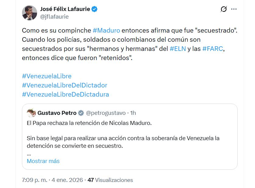 José Félix Lafaurie intervino en la polémica acusando a Petro de aplicar un doble rasero en sus defensas - crédito @jlafaurie/X