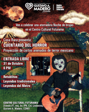 Cartel con una figura que sostiene una guitarra frente a una casa, un cielo rojizo, textos informativos y logotipos institucionales