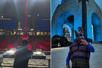 Díptico con un músico ante una multitud a la izquierda y una persona con máscara y poncho frente a un monumento de piedra a la derecha.
