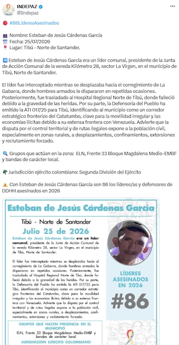 Homicidio contra líder comunal de Tibú en corredor estratégico del Catatumbo - crédito @Indepaz/X
