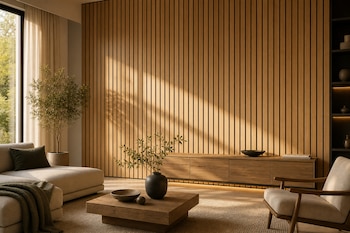 Sala de estar con sofá, sillón, mesa de centro, muebles bajos y una pared completa de listones verticales de madera clara junto a un ventanal.