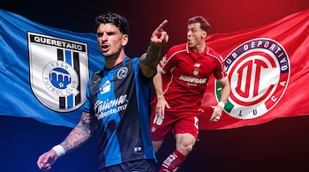 Dos futbolistas con camisetas de Querétaro y Toluca aparecen sobre un fondo con banderas azul y roja que muestran los escudos de sus clubes.