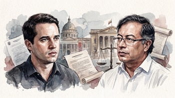 Retratos en acuarela de Jerónimo Uribe y Gustavo Petro; al fondo, el Capitolio Nacional, edificios coloniales, la bandera de Colombia, documentos legales y una balanza.