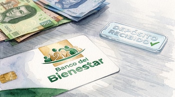 Ilustración de una tarjeta del Banco del Bienestar, billetes de pesos mexicanos y un celular con el aviso en pantalla de depósito recibido.