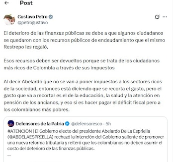 A través de un trino en X, el presidente saliente de Colombia le respondió a Abelardo de la Espriella por una posible reforma tributaria