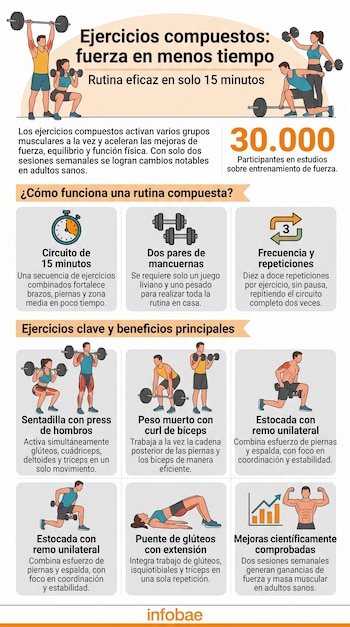 Infografía con ilustraciones de personas ejecutando rutinas de ejercicios físicos con mancuernas y barras.