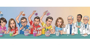 Cinco personas, tres hombres y dos mujeres, con camisetas numeradas, mezclan polvos en recipientes que contienen batidos y yogures. Tres médicos los observan.