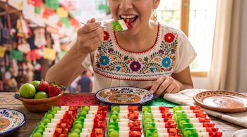 Una mujer usa una cuchara para comer un postre tricolor sobre una mesa con varios platos y porciones de gelatina verde, blanca y roja.